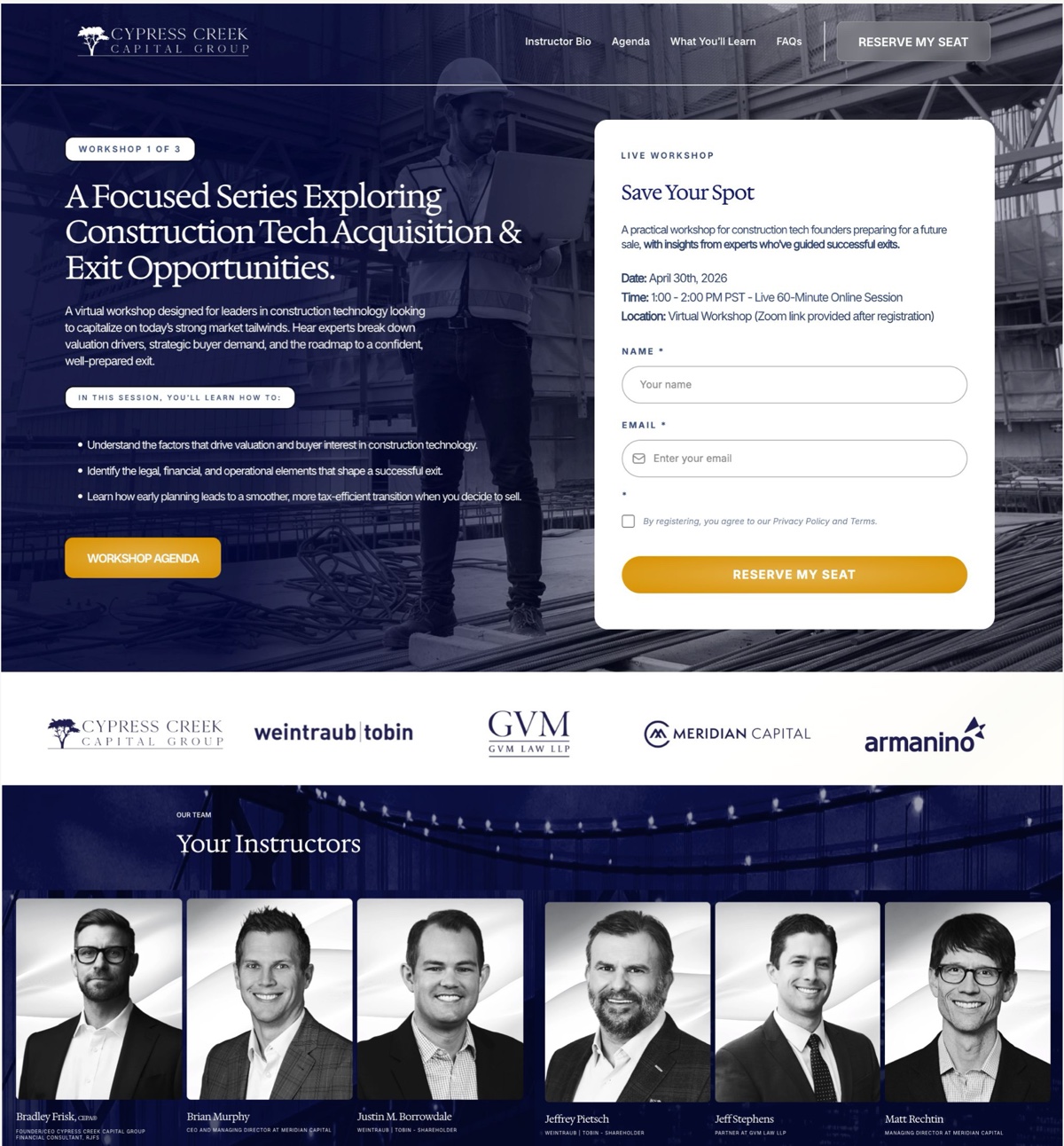 Webinar landing page for a construction tech acquisition workshop