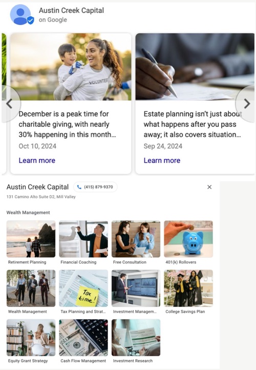 Monthly posts and product cards on the Google listing