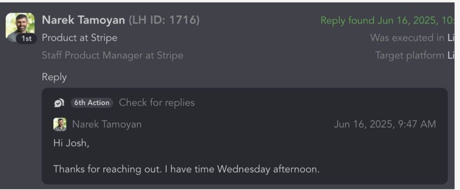 Reply: thanks for reaching out, I have time Wednesday afternoon